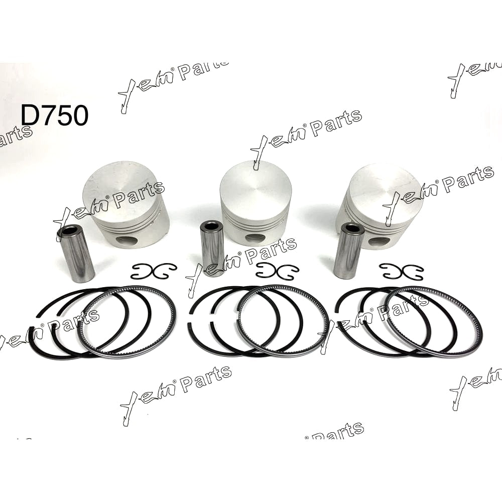 YEM Engine Parts Piston + Ring Kit Set STD 68mm For Kubota D750 x3 PCS Engine Parts For Kubota